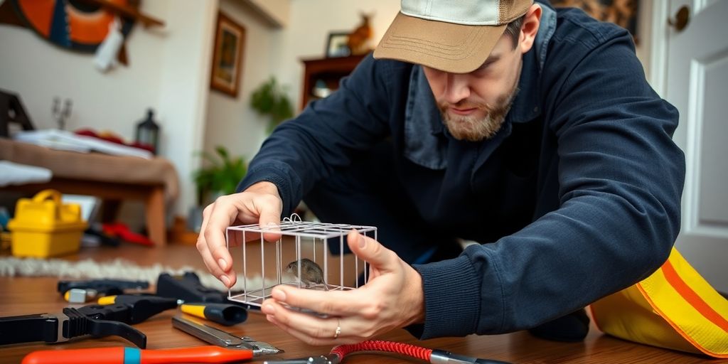 Exterminator setting a mouse Trap in House Exterminator setting a mouse Trap in House